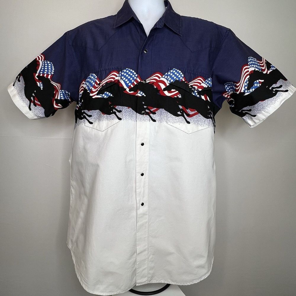 Vintage Cumberland Outfitters American Flag Horses Snap Western Shirt Size XL